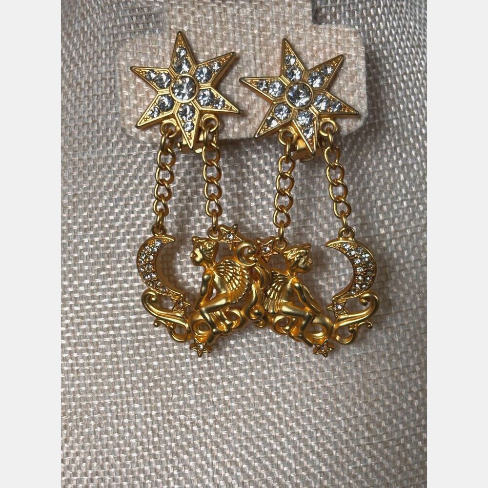 VTG Kirks Folly Gold-Tone Celestial Cherub Moon & Star Dangle Earrings